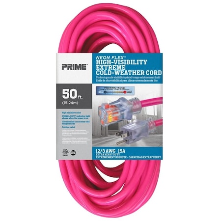 Prime Cable And Wire SJTW Extension Cord, 12 AWG, Outdoor, 12/3, 1 Outlets, 5-15R, High Visibility Pink, Nylon/Rubber NS513830